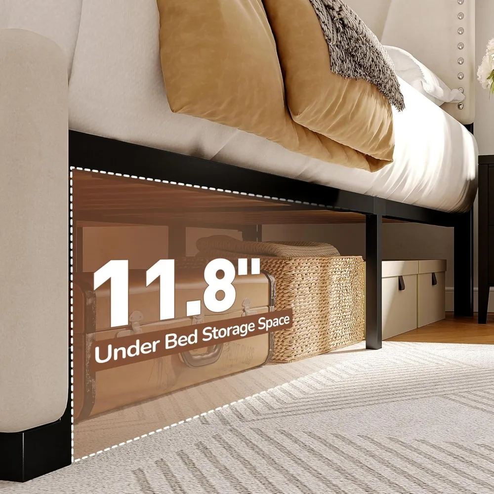 King Size Bed Frame, Storage Headboard Platform Bed with Charging Station and LED Lights, Sturdy Wooden Slats Support image 6