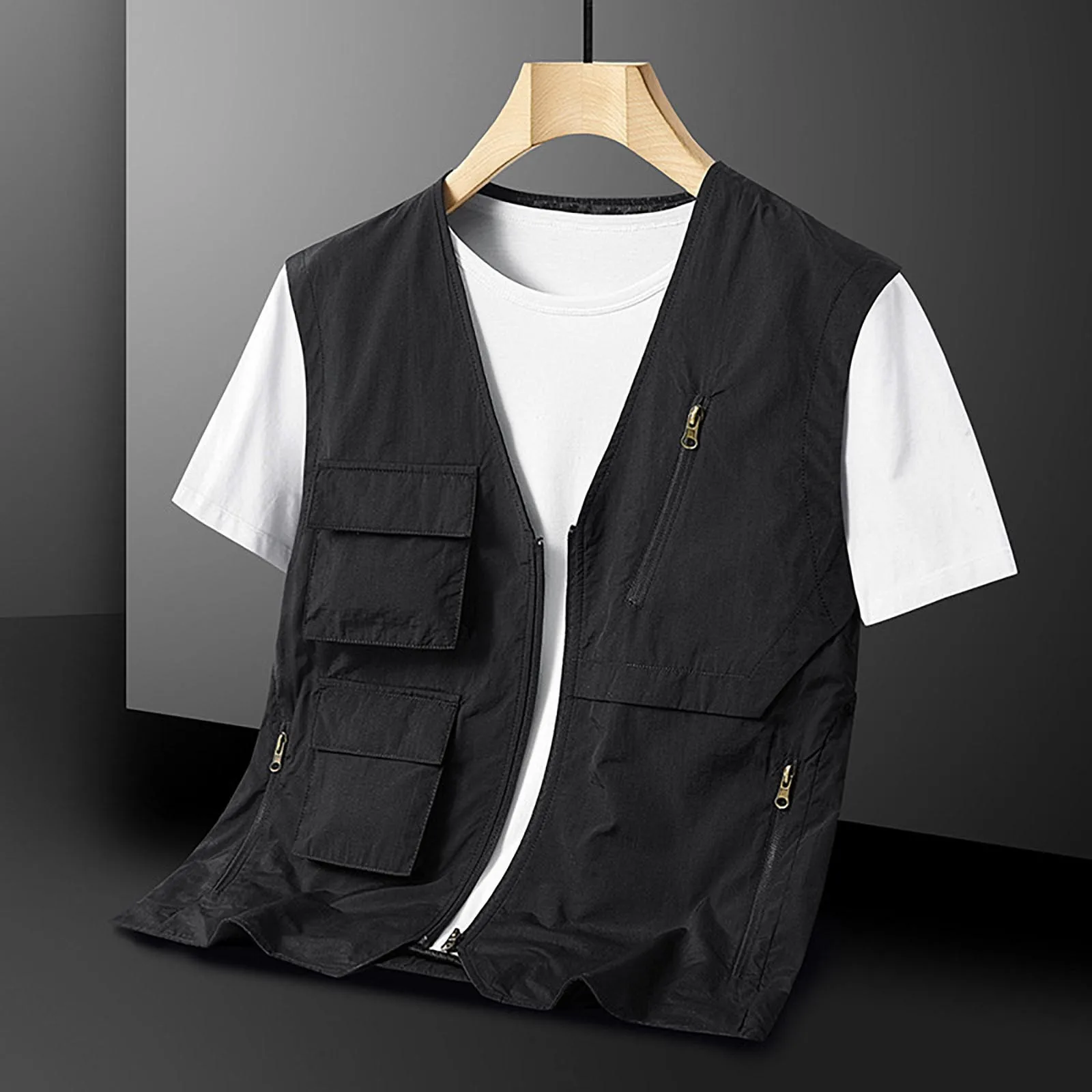 

Trendy Summer Thin Hip Hop Cargo Vest Solid Color Vest Coat Sleeveless Thin Outdoor Multi Pockets Cargo Waistcoat for Fishing