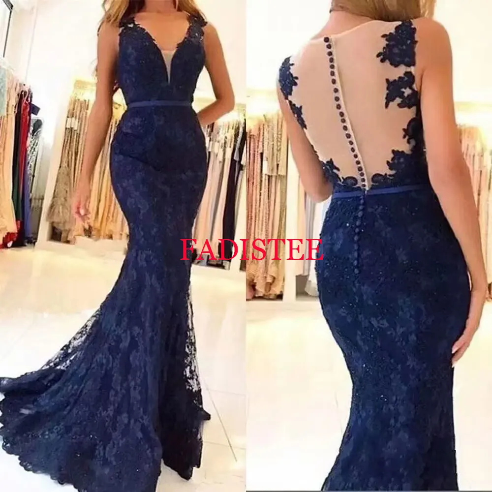 Customized Sexy V-neck Prom Dresses Wear Illusion Lace Appliques Mermaid Long Sheer Back New Formal Evening Party Dress