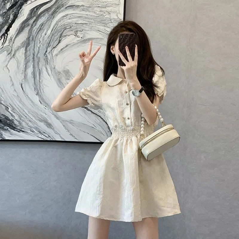 Short Sleeve Dress Women Elegant Popular Simple Solid Ins Young Ladies Korean Style College Cosy Summer Street Wear New Arrival