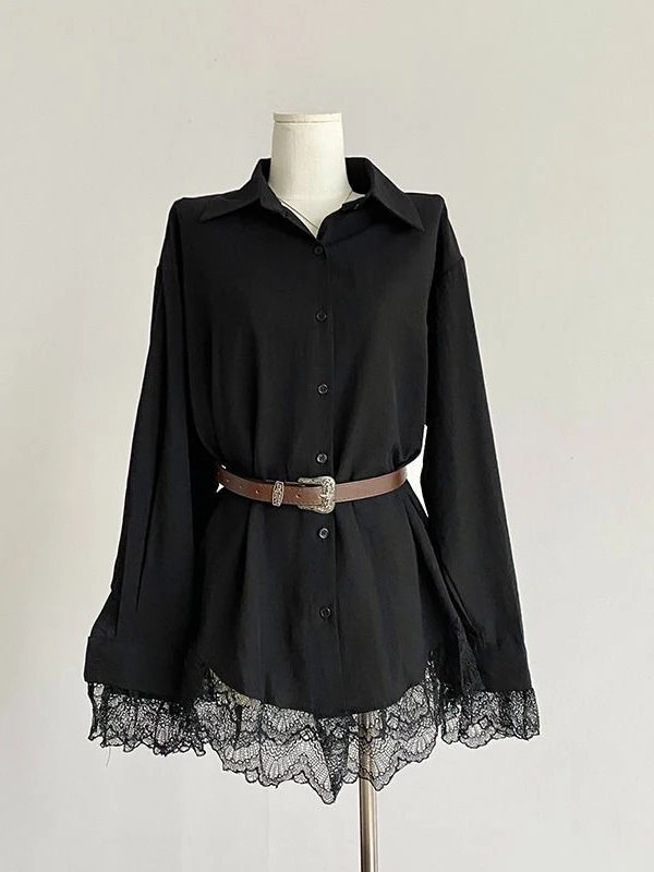 

White Long Sve Turn-down Collar Dr with Belt Sexy Girl Sle Loose Fit Polyester Fabric UV Protection Regular Thin