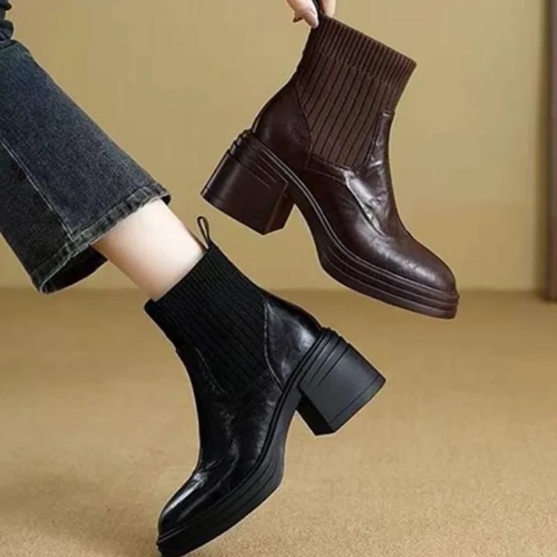 

Autumn Winter Warm Ankle Boots for Women Fashion Round Toe Platform Stretch Sock Boots Comfort Square Chunky Heel Modern Boots