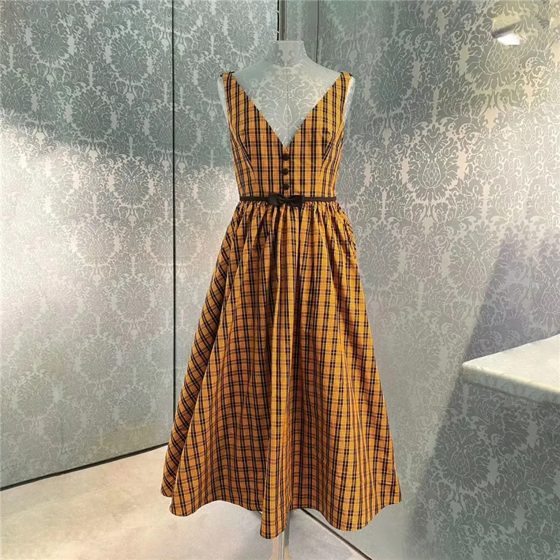 

summer vintage plaid spaghetti strap dress women v-neck high waist slim a-line dress