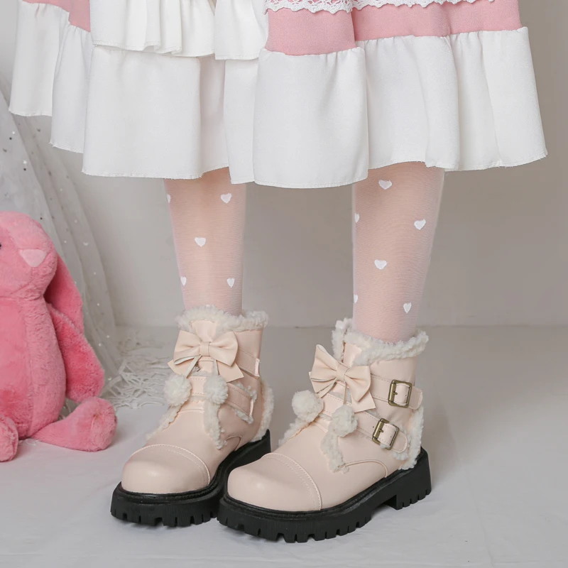 LOlita Zapatos Estudiante Arco Lindo Kawaii Zapatos Negros Botas de Plataforma Alta Bota de Cuero de Cabeza Redonda