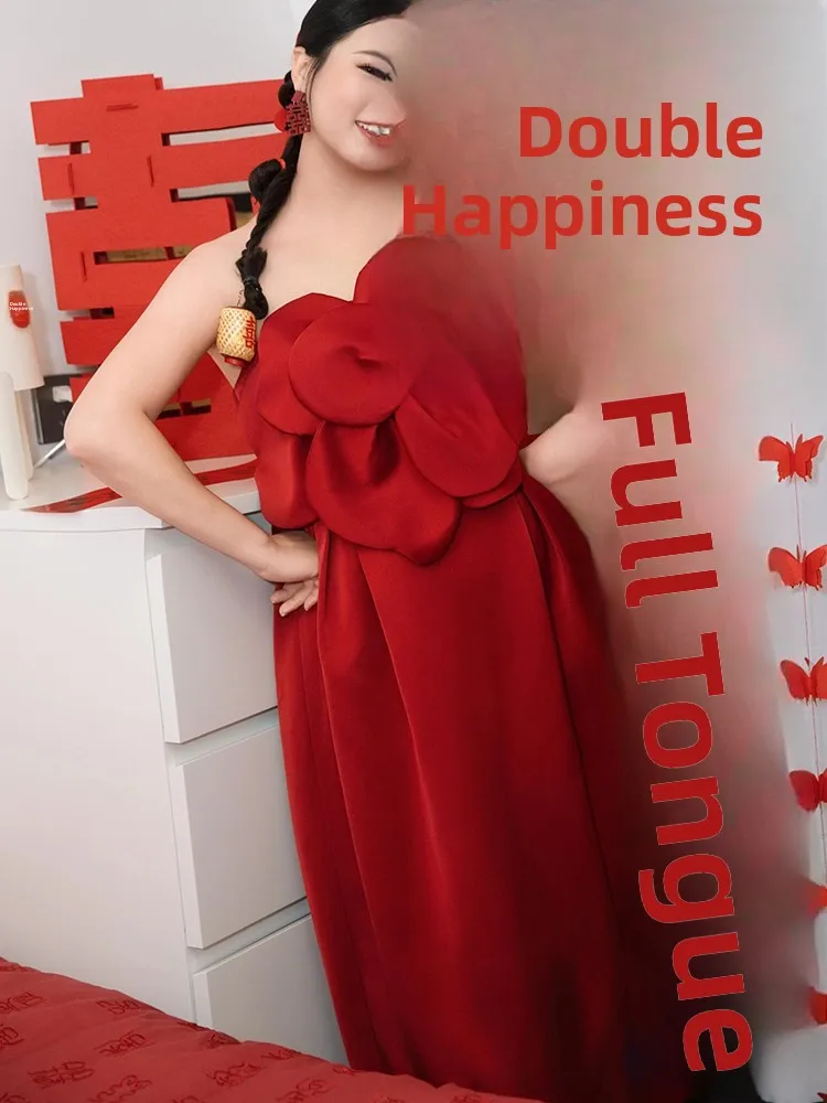 

Ele Red Chinese Sle Bridal Dr with Strapl Top And 3D Flowers for Morning Photooot Slimming Long Evening Gown