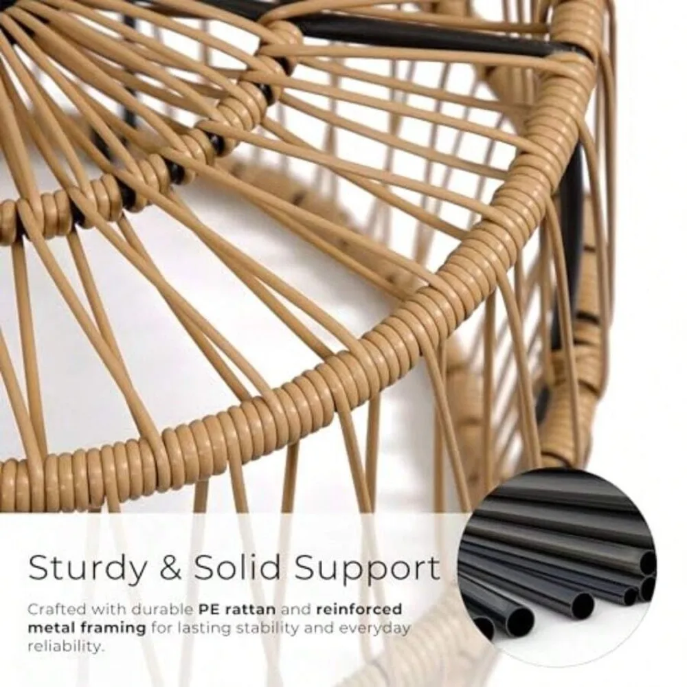 Macro close-up showing the intricate black handwoven PE rattan texture on the Kuro Black Drum Table frame