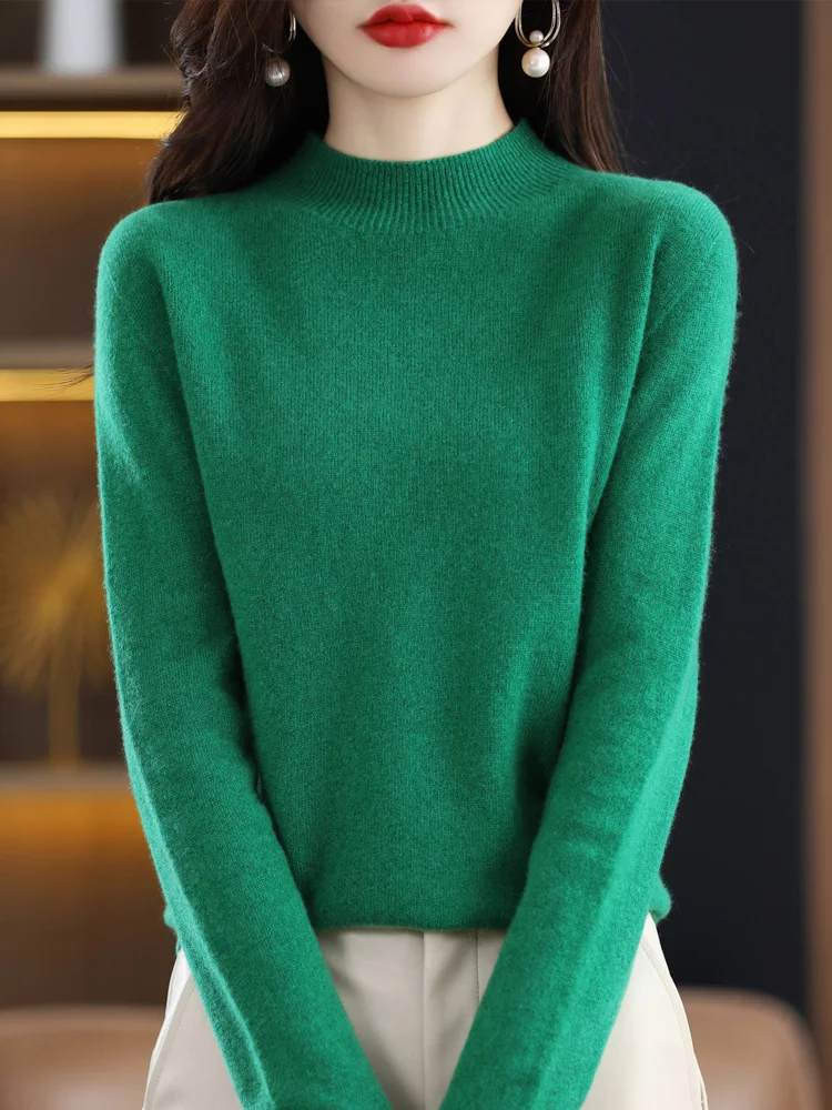 100% Merino Wool Women Sweater Mock NeckPullover Autumn Winter Basic Knitwear Tops Solid Color Regular Female  Clothing