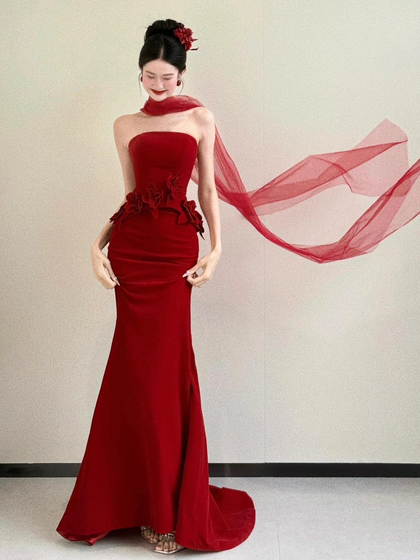 

Длинное вечернее платье Ele Red для женщин, свадебное, сексуальное, на бретельках, пошитое на заказ, для помолвки, из полиэстера