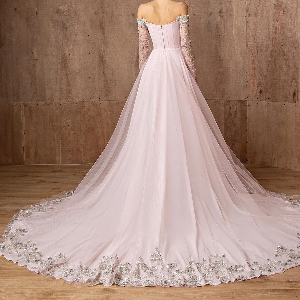 カスタマイズされた高級オーガンザ A ラインオフショルダーアップリケスパンコールクリスタルイブニングドレス繊細な長袖ウエディングドレス