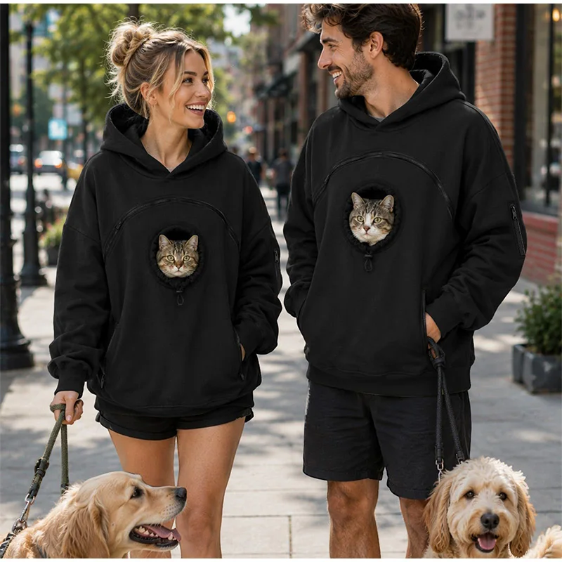 Women Pet Pouch Hoodie Thick Flannel Fleece Sweatshirt Zipper Pocket Oversized Warm Loungewear for Cat Dog Holder Top