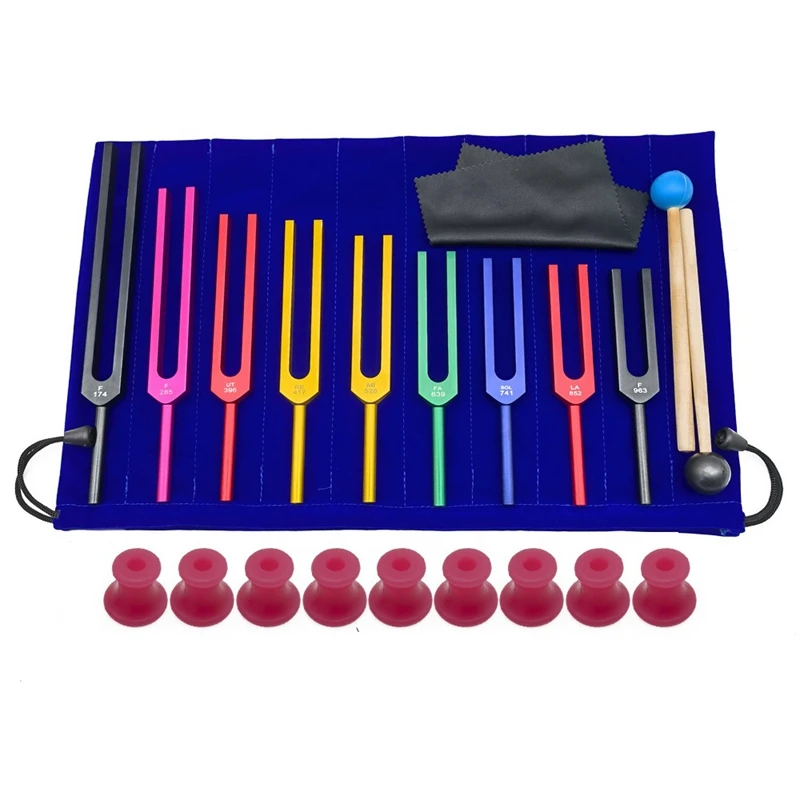 9 Piece Colorful Solfeggio Aluminum Alloy Tuning Forks For Therapy, Voice Therapy Pink