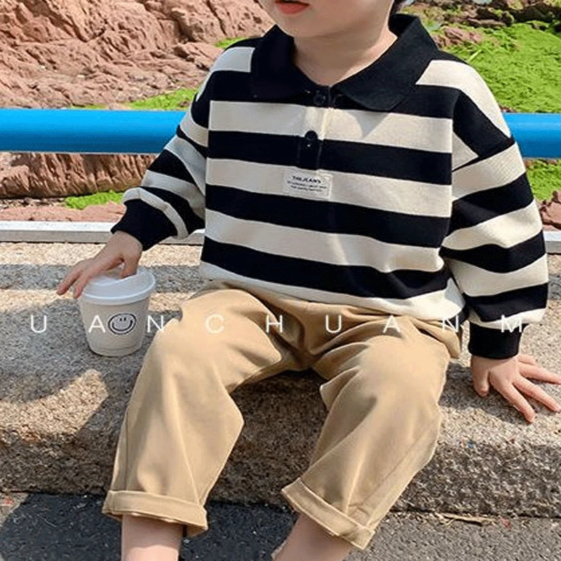 Boys Clothing Spring New 2023 Fashion Casual Kids Long Sleeve Lapel Striped Printed Loose Korean Version All-match Sweatshirts