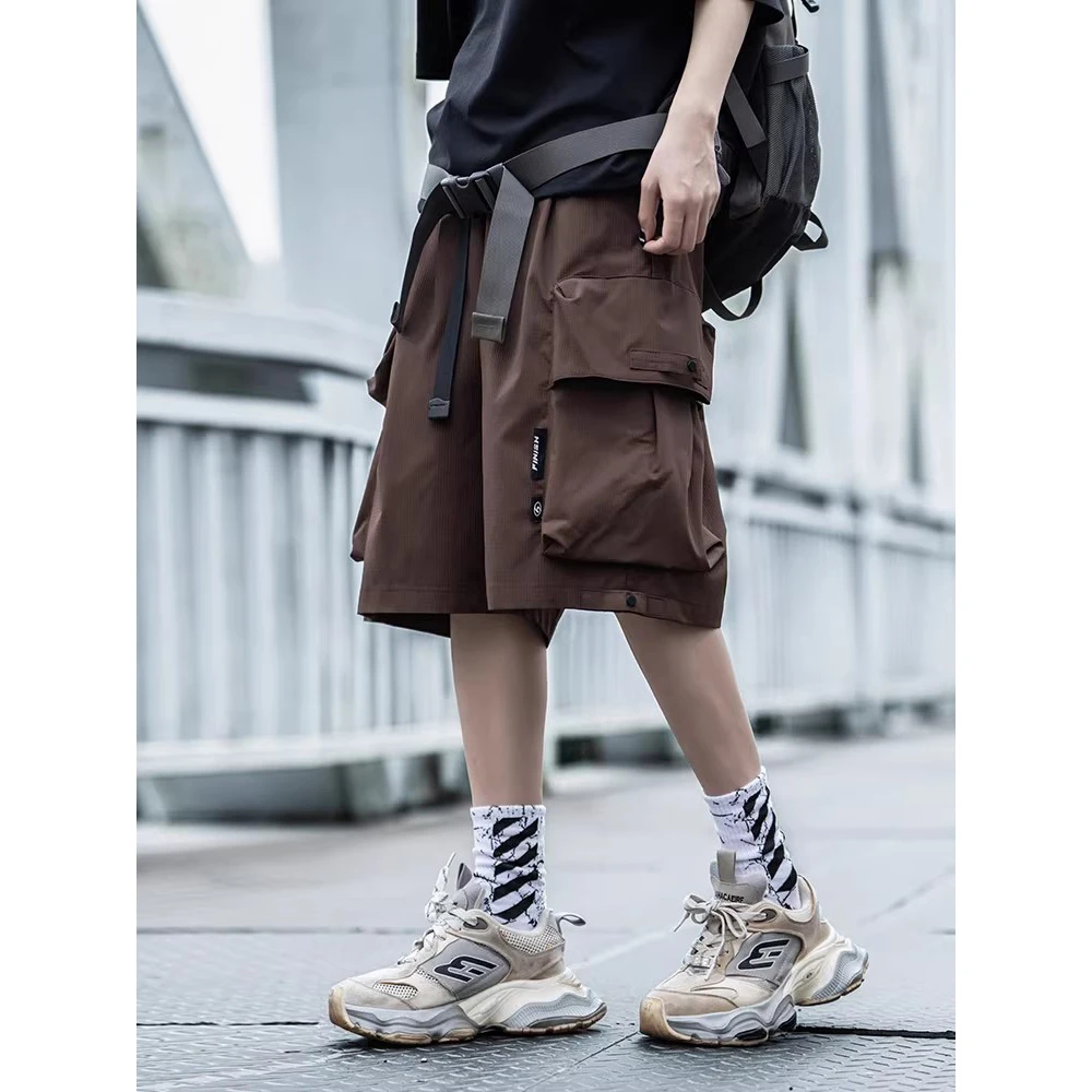2025 Summer Cargo Shorts Multi Pocket Short Pant Tactical Functional Loose Streetwear Elastic Waist Shorts Black