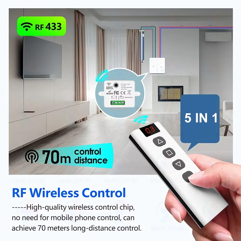 KEBIDUMEI WiFi RF Curtain Smart Switch 433Mhz Tuya Smart life Module for Blinds Awning 5-in-1 Remote Work with Alexa Google Home