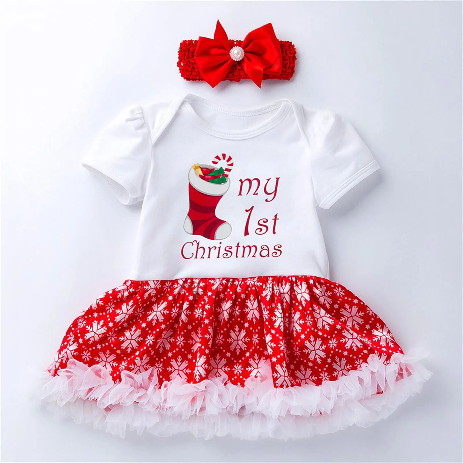 Christmas Baby Clothing Short Sleeve Onesie Snow Flower print Rompers Dress+Headband 2Piece Outfits Baby's My First X-mas Gifts