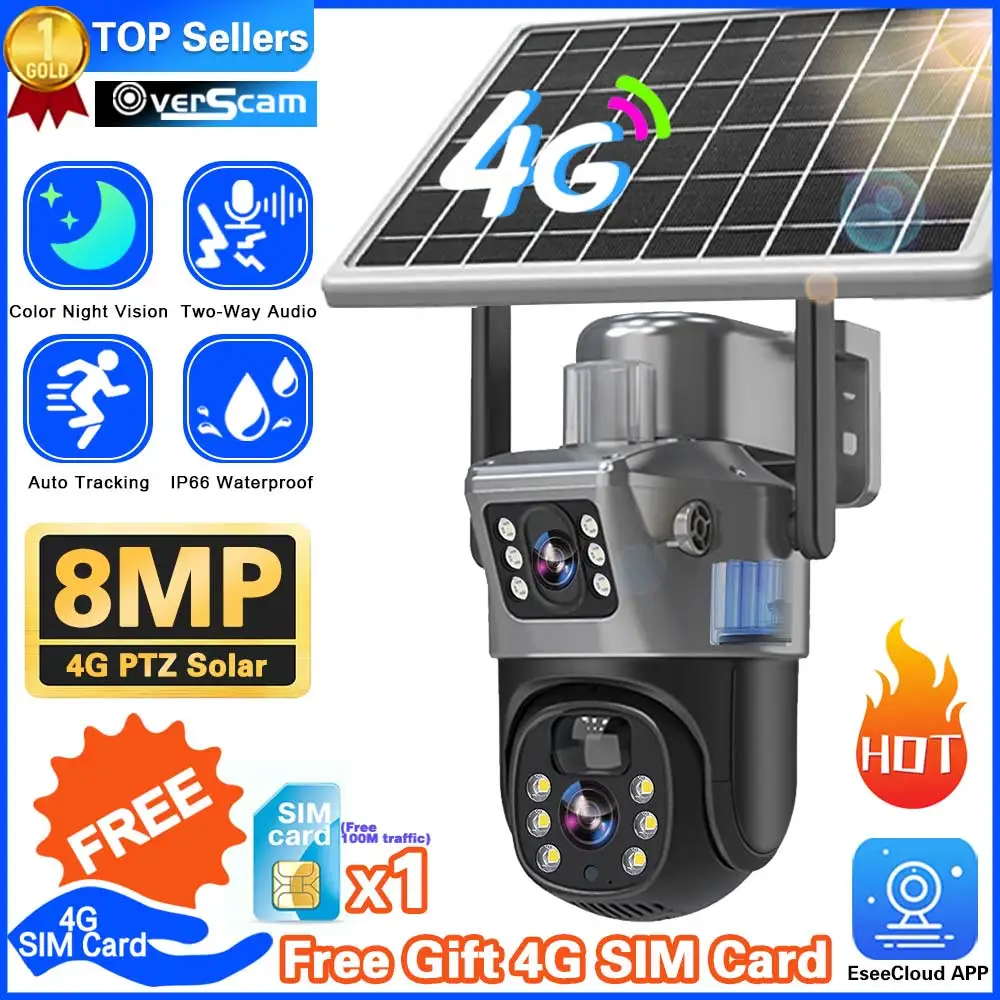 

Solar Camera Free 4G Sim Card 4K 8MP Dual Lens Outdoor AI Auto Tracking Solar Panel PIR Human Detection Two Way Audio CCTV Cam