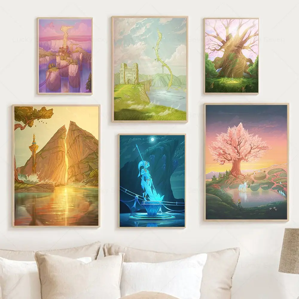 Hyrule Village Canvas Painting Zelda Travel Anime Landscape Posters Prints Wild Breath Wall Pictures for Living Room Home Decor