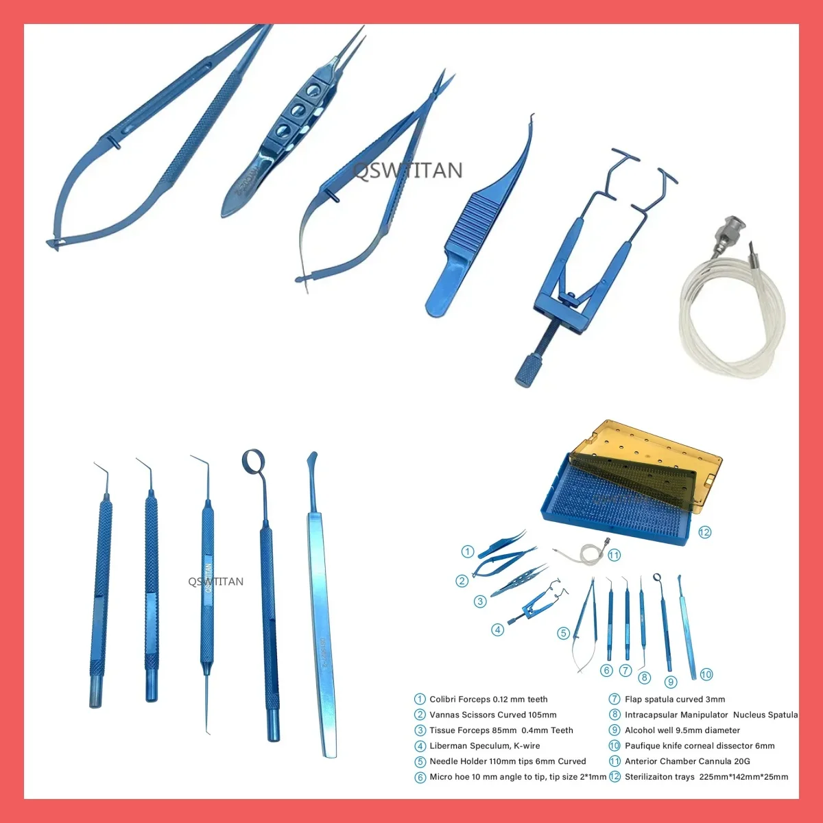 Kit di procedimento oftalmico LASEK: pinze, porta aghi e spatola per chirurgia palpebra e corneale