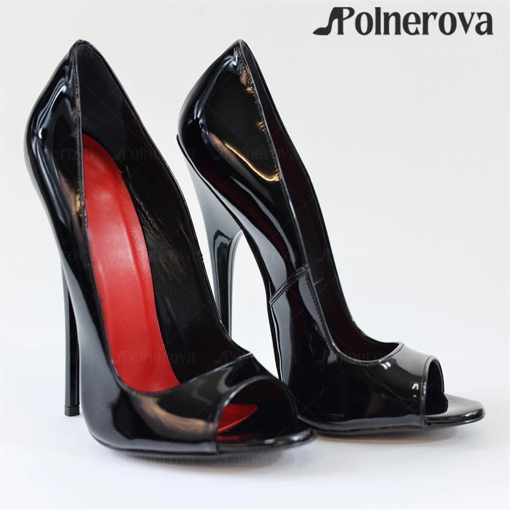

16cm Black Patent Leather Extreme Pumps Sexy Style Peep Toe High Heel Stilettos Women's Lacquered Empire High Heel Slip on Pumps
