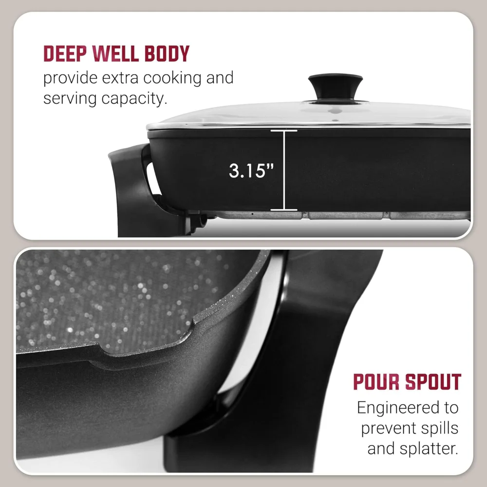 エクストラディープ 16 インチ x 13 インチ x 3.2 インチ (10.5 クォート) 傷つきにくい、注ぎやすい、食器洗い機対応、通気口付きノンスティック電気フライパン