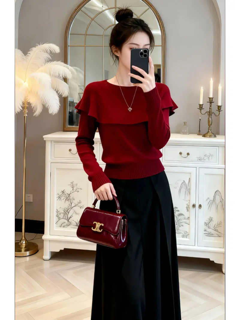

Cisas New Year Red Soft Beautiful Women's Knitted Sweater Autumn Winter New Sle Ele Meticulous Lace Trim Knitwear Top
