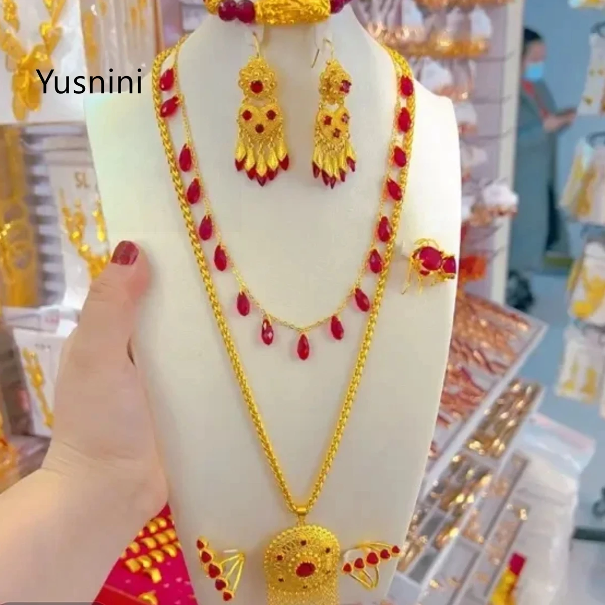

New Dubai Fashion High end 24K Gold Plated Necklace Earrings Rings Bracelets Exquisite Engagement Party Jewelry Set for Lovers