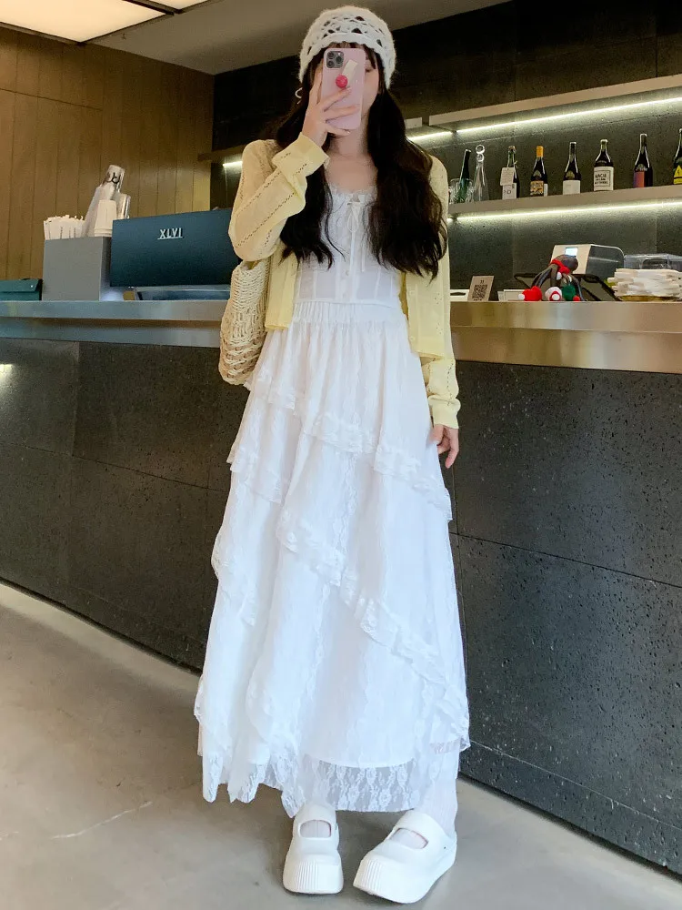 

Женская юбка миди из белого кружева в стиле ретро в стиле пэчворк, новая длинная юбка трапециевидной формы из многослойной сетки, юбка-торт, 2021, юбка принцессы