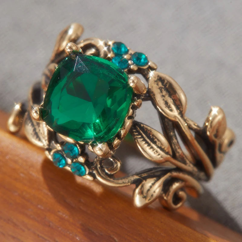 1 قطعة خاتم تصميم أوراق الذهب اللون للنساء مع مربع الأخضر مكعب زركونيا الجمالية الإناث حفل زفاف مجوهرات العصرية