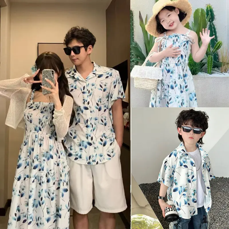 

2026 New Summer Family Matching Outfits Mommy And Me Elegant Spaghetti Strap Dress Daddy Son Shirt Beach Vacation Style Fashion