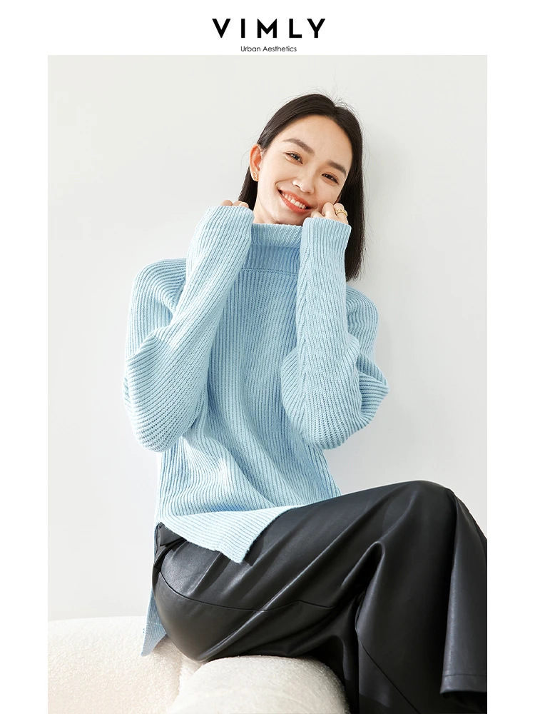 Vimly Turtleneck Sweater Woman Side Split Knit Pullovers Women's Long Sleeve Top 2023 Winter High Strecth Jumpers Knitwear 72559