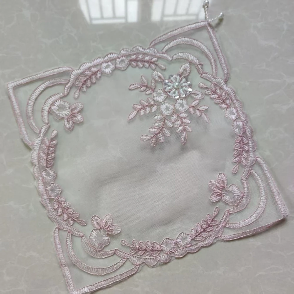 European Style Floral Doily Pink Thread Embroidery Mesh Fabric Square Mats Table Decorations