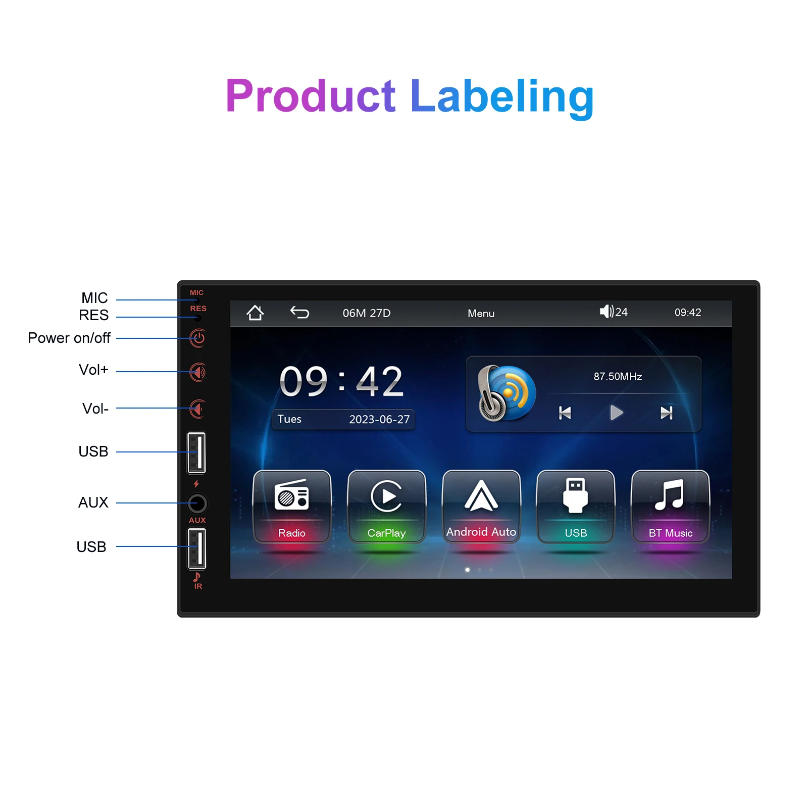 Podofo 1Din 7'' Auto-Multimediaplayer Kabelloses Carplay Android Auto Mirror Link Universeller Auto-MP5-Player Bluetooth FM DVR AUX-IN – Detail 18