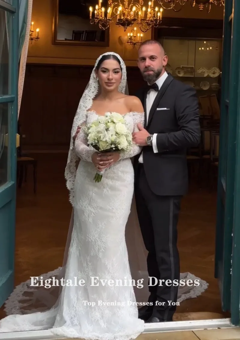 Eightale Lace Wedding Dresses V-Neck Customized Long Sleeves Lace Mermaid White Ivory Muslim Bridal Gown Vestidos De Novia