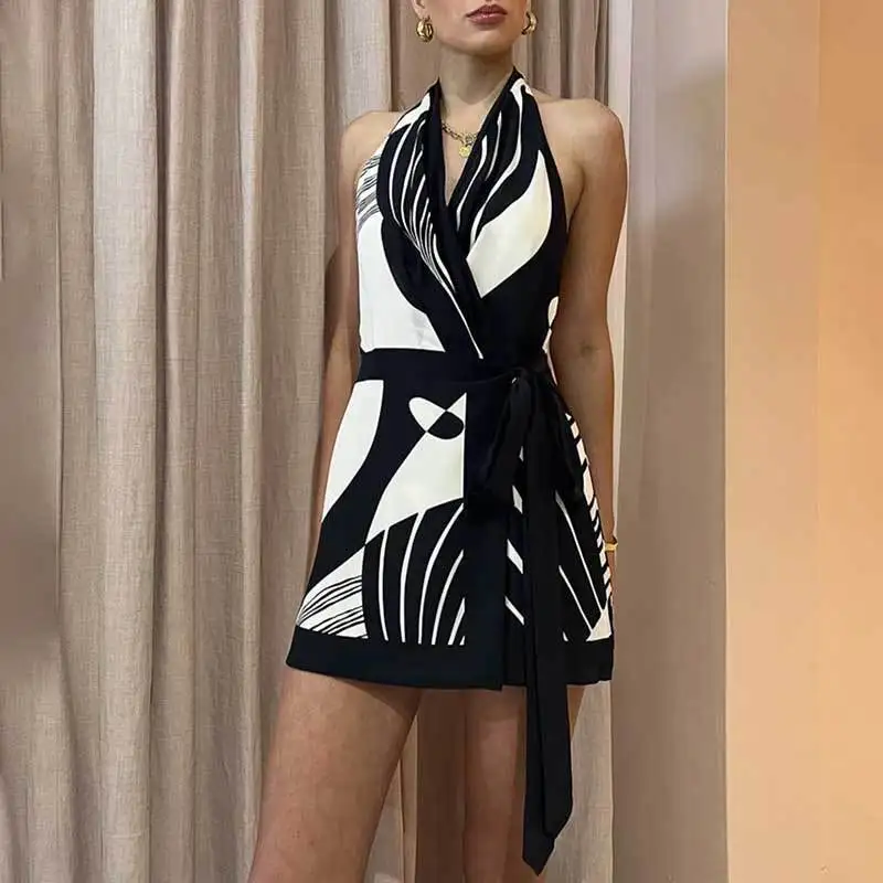 

Women's Slim-fit Dress Sexy Club Print A-line Fashion Halter Lace-up V-neck Slim-fit Dress Summer Dress Women 2024 Traf