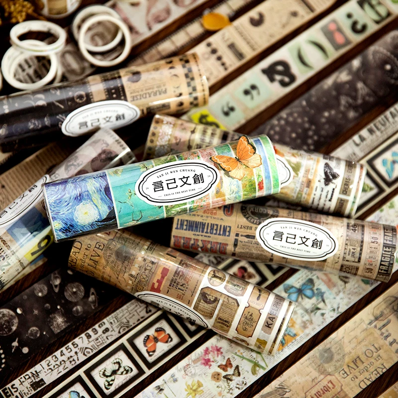 Yoofun 4cm / 3cm / 1cm / 0.5cm x 2m Vintage Washi Tape Set Old Memories Masking Tape Retro Stationery Journal Scrapbooking DIY