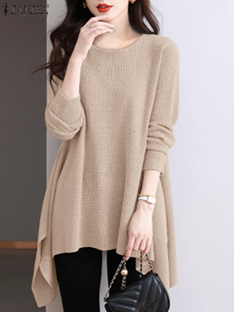 ZANZEA 2025 الخريف الحياكة تي شيرت المرأة كم طويل تيز بلون Blusas بلوزات فضفاضة غير رسمية غير النظامية هيم محبوك الستر