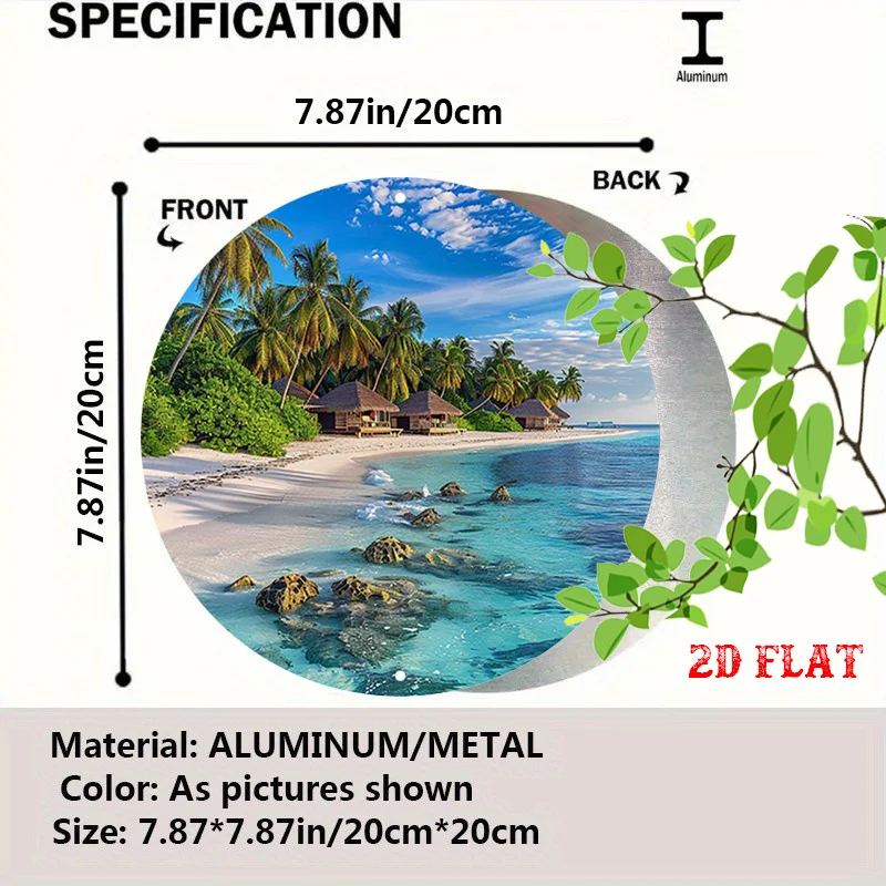 2D Flat - A 2D Flat Sign Featuring a Tropical Paradise Theme, with Palm Trees And Beach Huts, Measuring 19.81 cm in Diameter.