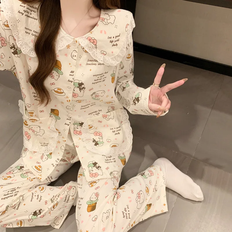 

Hello Kitty Young Girl Pajama Sets Kawaii Cartoon Spring and Autumn Leisure Long Sleeves Long Pants Cloud Cotton Homewear New