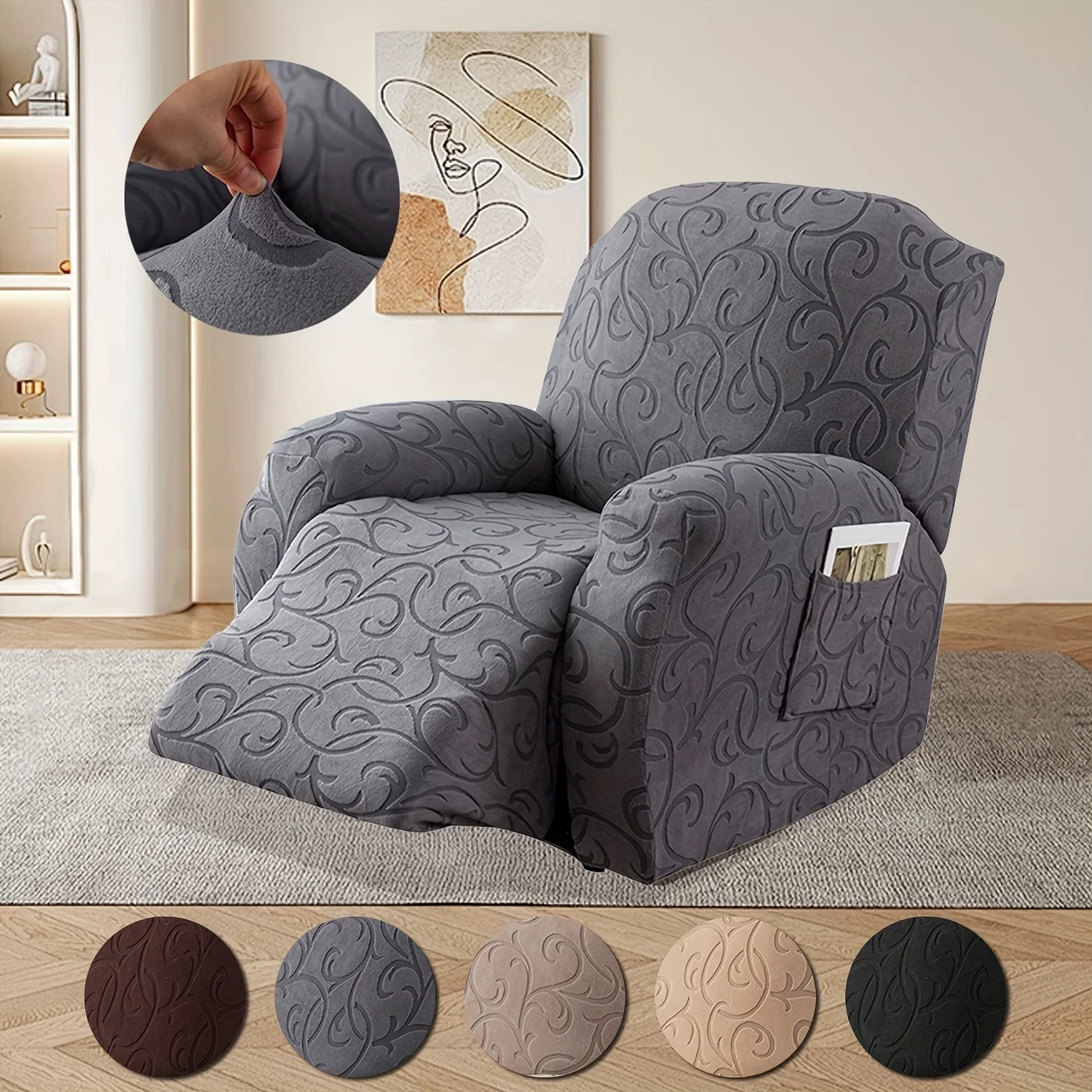 

Set of 4 Stretch Sofa Slipcovers for Recliners, Washable Couch Protector for Single Reclining Sofa with Elastic Base