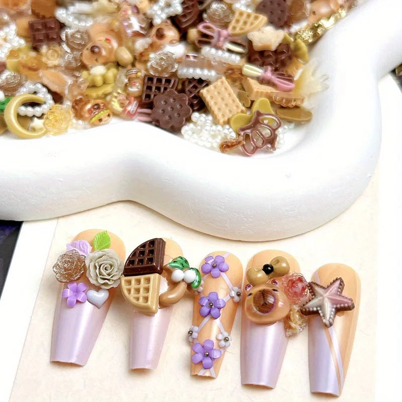 50pcs Resin Coffee Hollow Pearl Bow Biscuits Cartoon Nail Art Jewelry Phone Case Hairpin Diy Decoration Material Accessory