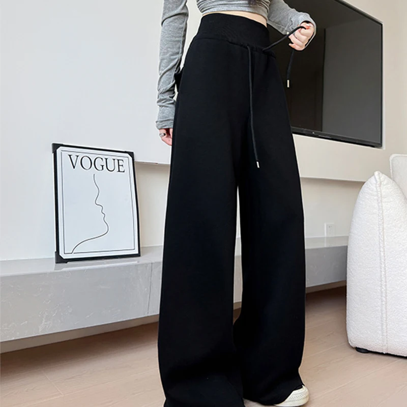 Spring Autumn American Solid Lace Up Sweatpants Woman Casual Elastic Waist Pants for Women Pockets Wide Leg Pants Female