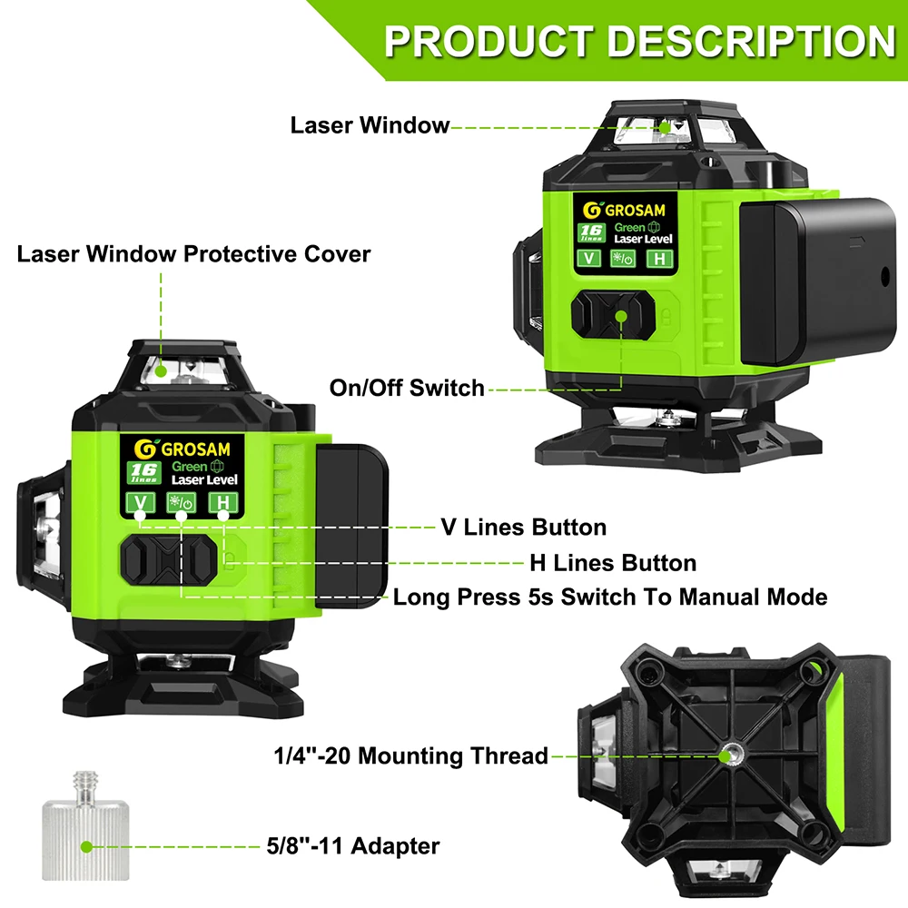 GROSAM 4D 16 Lines Cross Line Laser Level Green Beam Lines Multi Function & Remote Control With Li-ion Battery For Tiles Floor