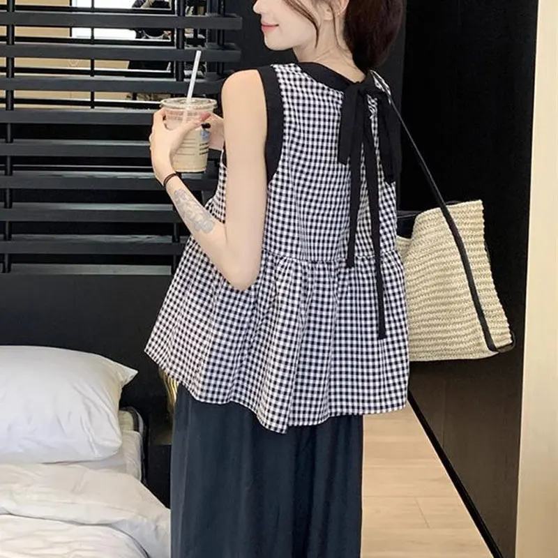 Contrasting Colors Drawstring Plaid Blouse Summer Korean Loose Women\'s Clothing Sleeveless Casual Bow All-match Round Neck Shirt