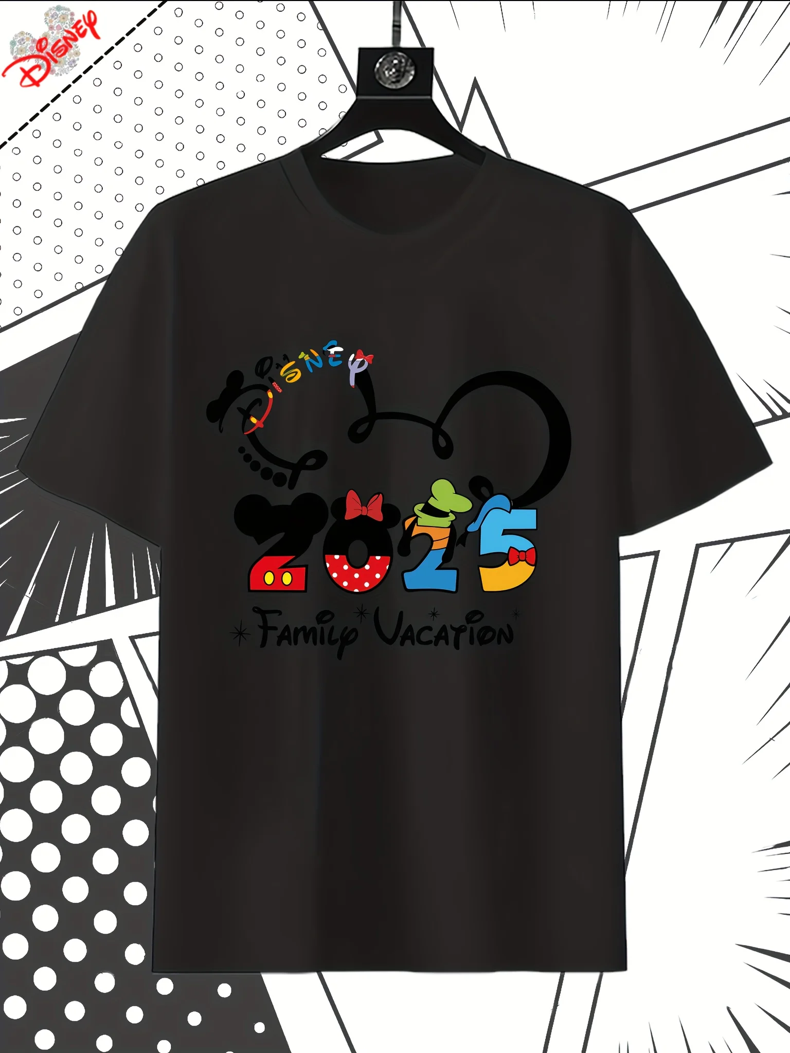 

Футболка с узором Disney Family Vacation 2025 — Микки и Минни Маус, Дональд Дак, Гуфи, Плутон — футболка с коротким рукавом