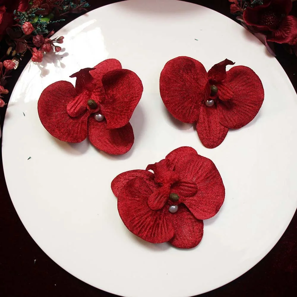 

3pc/set Sweet Butterfly Orchid Hair Clip Cloth Pearl Bride Flower Side Clip Alloy Red Chinese Style Hairpin Wedding