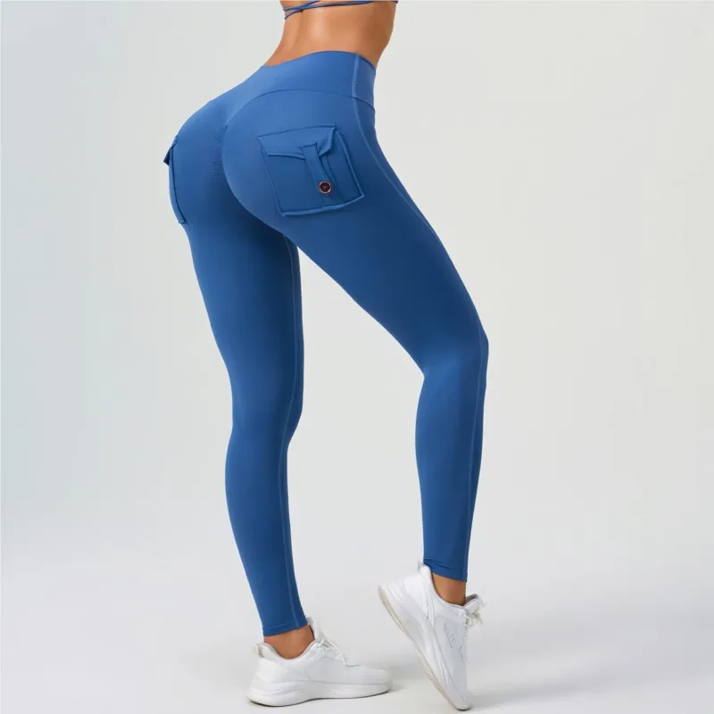 Cargo Pockets Yoga Pants Fitness High Waist Gym Female Full Length Leggings Running Trousers Eorupean Peach Long Yoga Pants