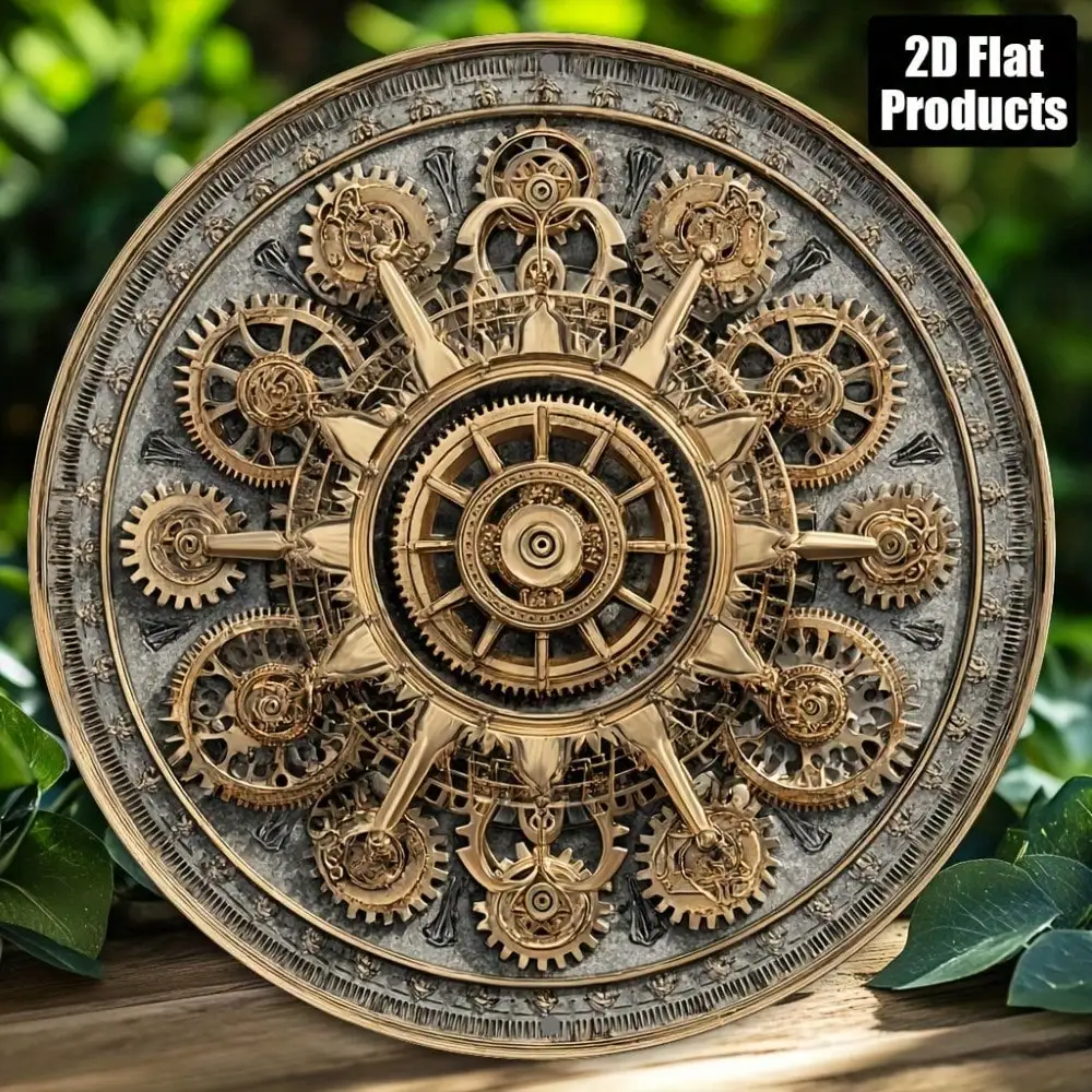 Wooden Vintage Round Steampunk Sign, Rustic Gear Mechanism Wall Art, 2D Flat Print Industrial Aesthetic Decor, Farmhouse Mechani