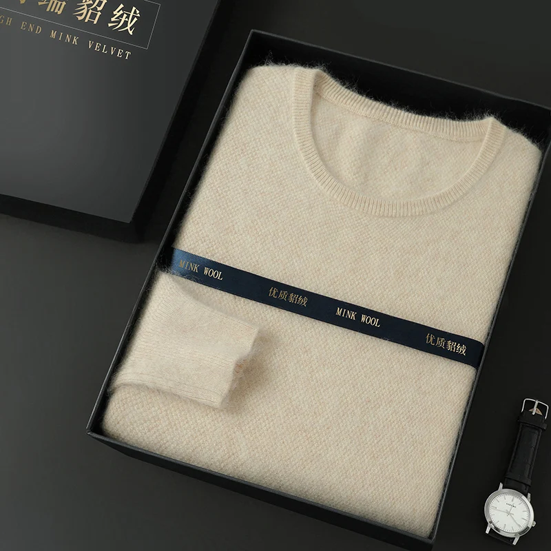 Mens Mink Wool Long Sleeve Knitted Sweaters Solid O-neck Loose Pullover Men Clothing Lightweight Soft Warm and Comfortable Top