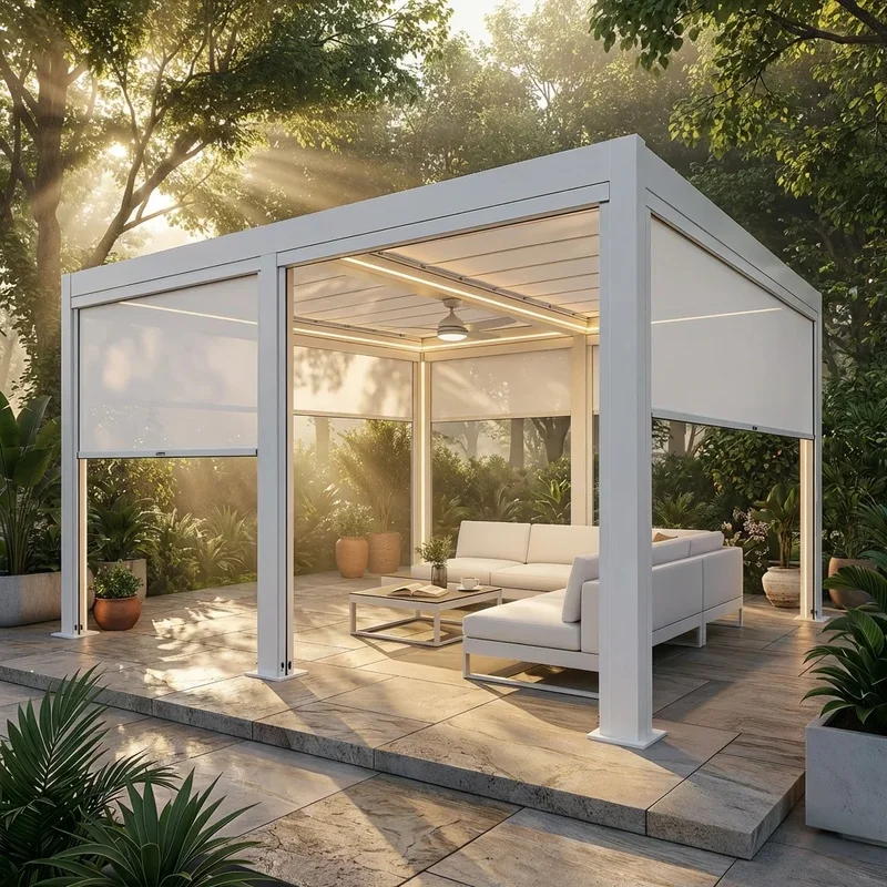 Compact 3x3m Motorized Louvered Pergola Privacy Side Blinds Modern Metal Gazebo Shade Urban Balcony Small Deck Nature