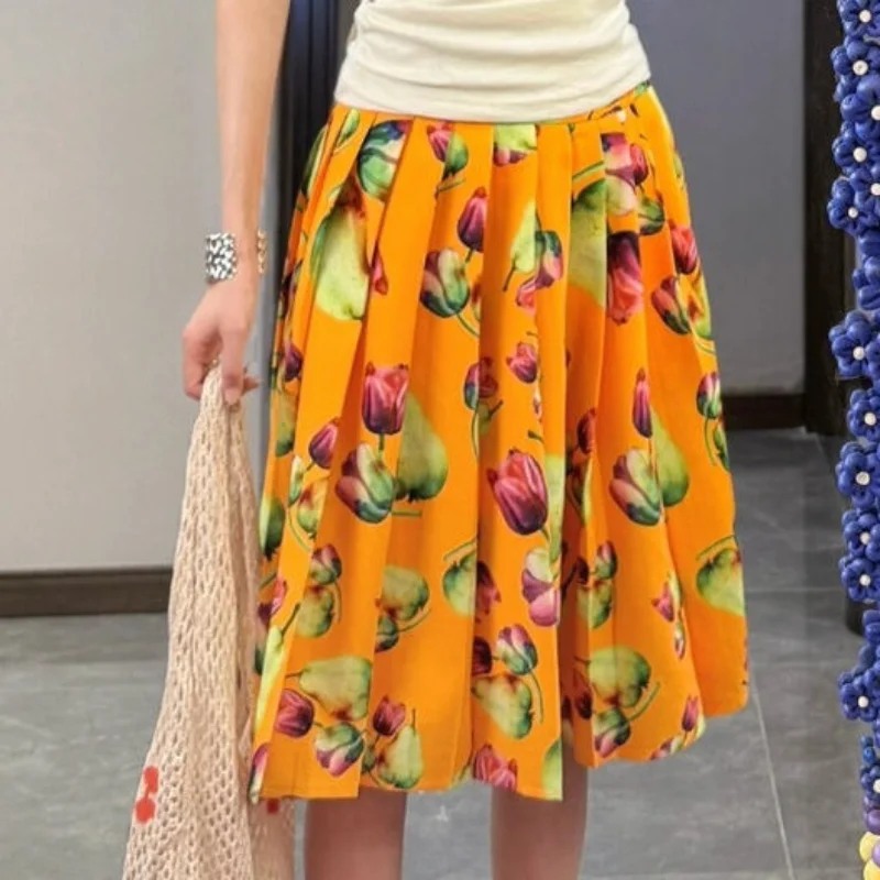 

American Retro Orange Printed Heavy Pleated A-list Dress, Mid Length Skirt, Vacation Style Pleated Skirt, Women's Summer